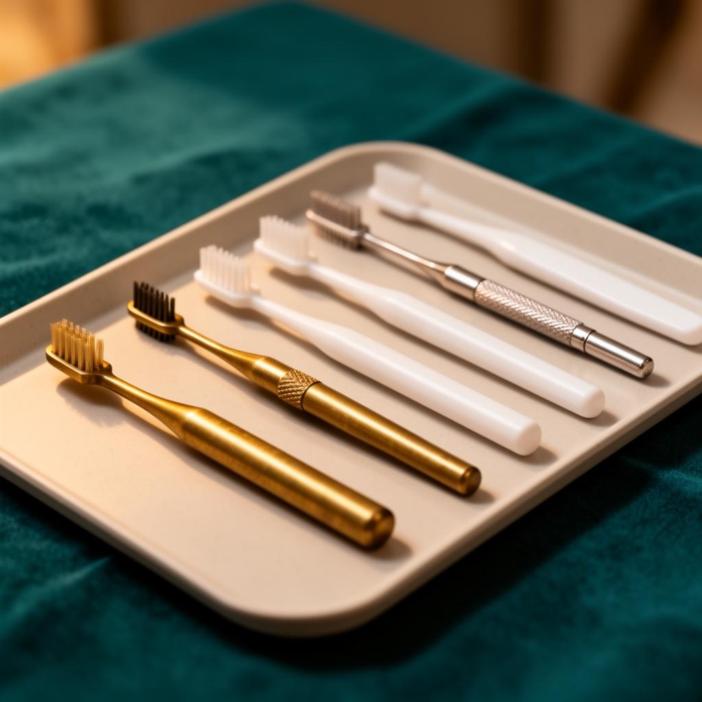 Strumenti per l'igiene dentale ordinati su un vassoio